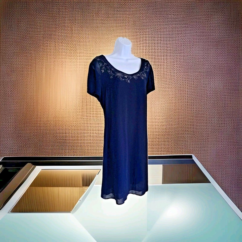 Liz Claiborne Dress Women's 14 Navy‎ Blue Sheer Overlay Embroidered Neckline Zip
